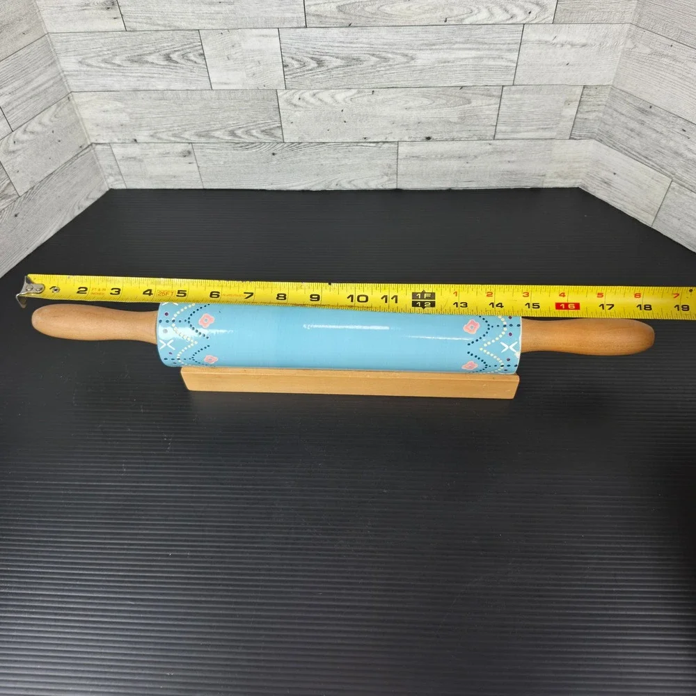 The Nordic Ceramic Rolling Pin Blue Floral with Wood Handles and Base